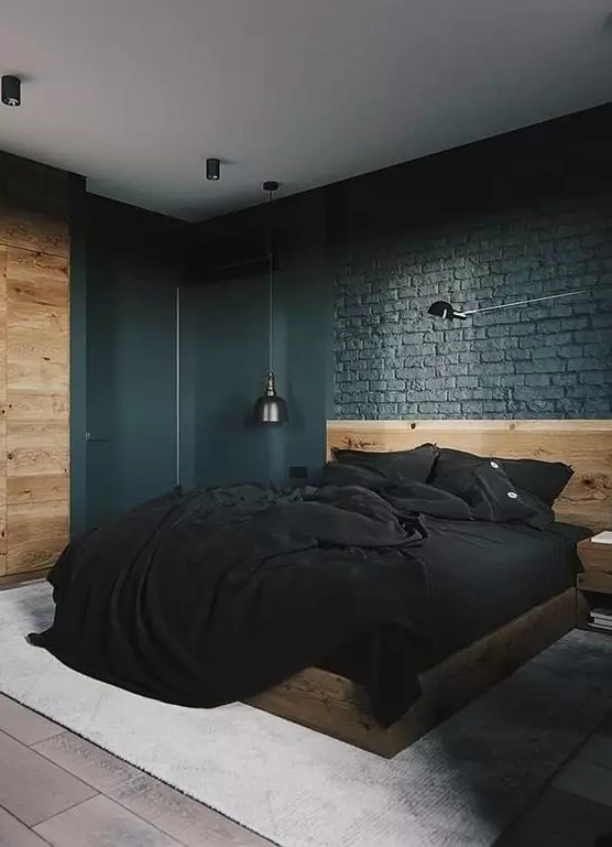 نمونه اتاق خواب خانه صنعتی مدرن با دیوارهای آجری مشکی