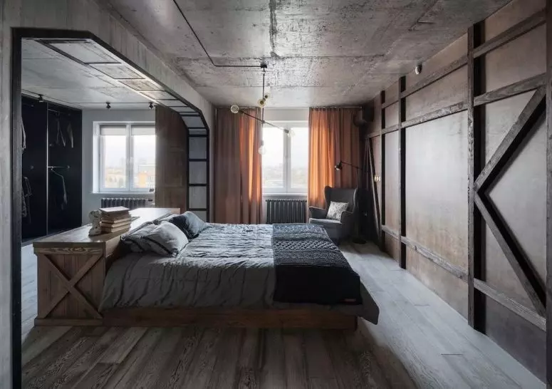 تصویر اتاق خواب صنعتی با سقف و دیوارهای بتنی