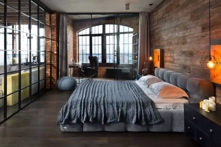 اتاق خواب صنعتی با یک دیوار برجسته چوبی
