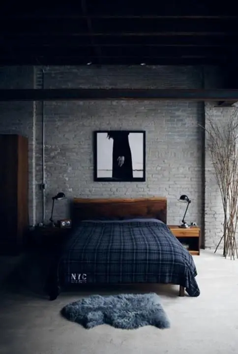عکس اتاق خواب سبک صنعتی با دیوارهای آجری خاکستری