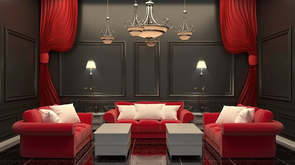 Interior design with red color combination black white and red