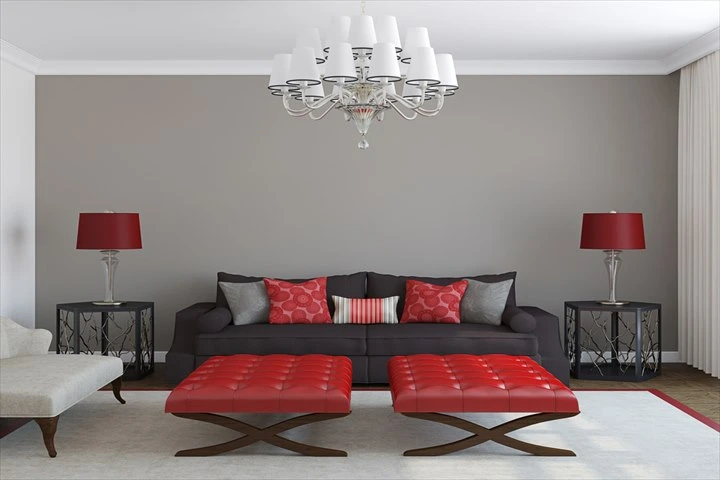 Interior design with red color combination gray and red