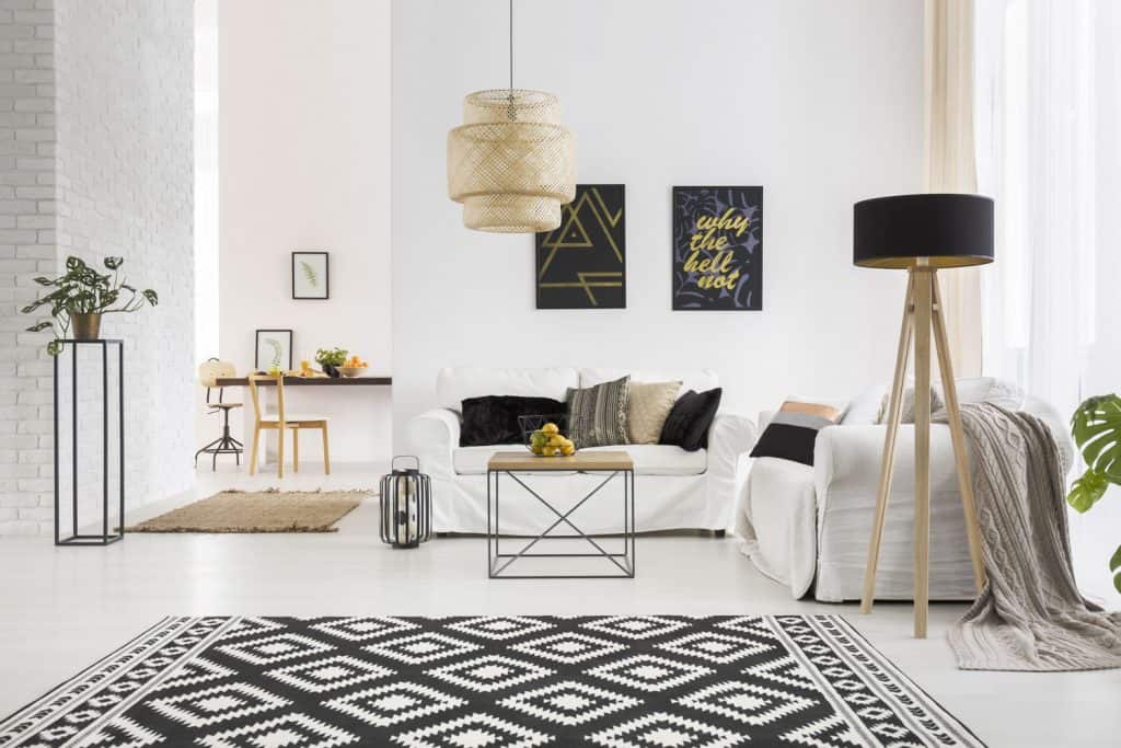 ست کردن فرش و پرده منزل - یک اتاق نشیمن سفید زیبا با یک فرش سیاه و سفید