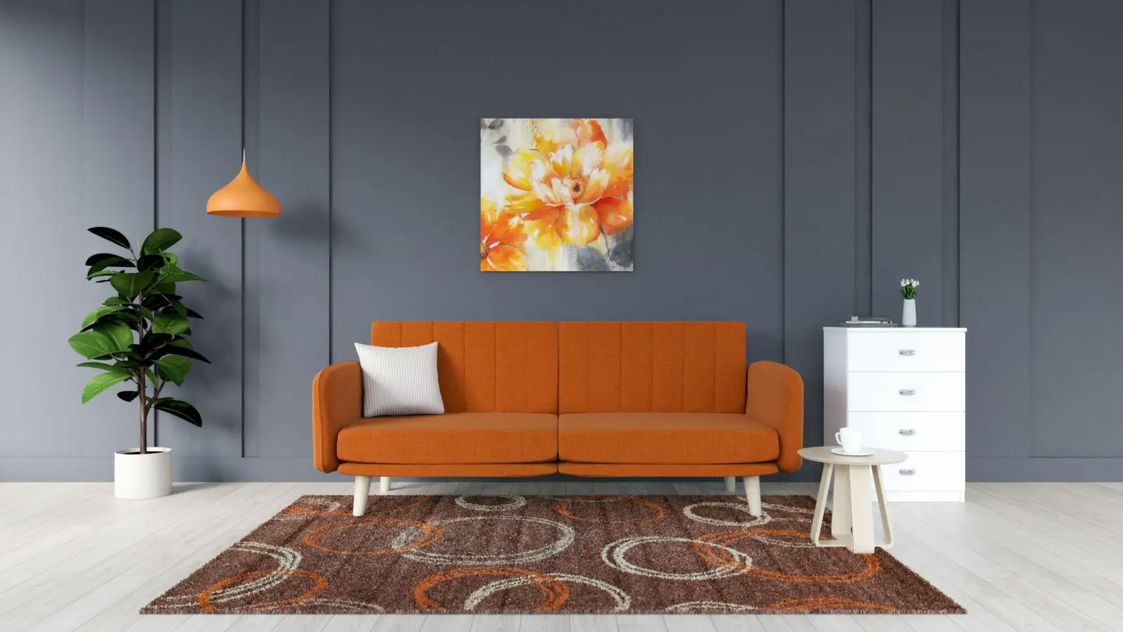 orange and brown rug with orange couch